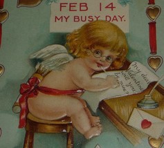 Cupid in Glasses Writing Valentine Letter, Ribbon/Heart Border Antique Postcard - £9.63 GBP