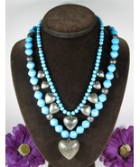Vintage Pair NECKLACES 2 HEART Pendants Turquoise- BLUE BEADED Set Silvertone - $21.77