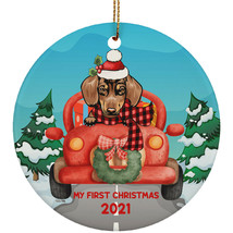 Funny Red Dachshund Dog Ride Car My First Xmas 2021 Pet Lover Circle Ornament - £15.75 GBP