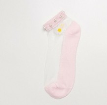 Handcrafted ~ Pink ~ Embellished w/Pearls ~ Embroidered Daisy ~ Ankle Socks - £11.93 GBP