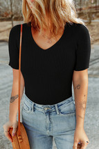 Black V Neck Ribbed Knit Lightweight Short Sleeve Sweater - $263.44 MXN
