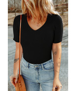 Black V Neck Ribbed Knit Lightweight Short Sleeve Sweater - $14.10