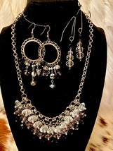Elegant Unsigned Clear/Smoke/Black Glass Beaded Tiered Necklace and Earrings Set - £27.17 GBP