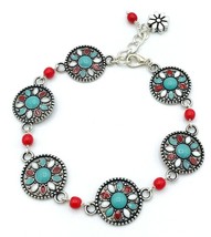 Silver Tone Turquoise Red White Enamel Link Bracelet - £14.24 GBP