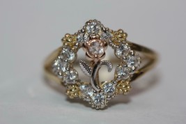 14K Gold Tri Tone Filigree Clear Stone (CZ) Accent Flower Garland Ring Size 7 - £142.00 GBP