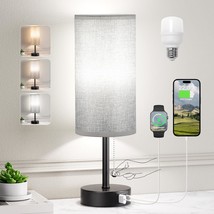 Grey Bedside Lamp For Bedroom Nightstand - Small Table Lamp With Usb A + C Charg - £31.31 GBP