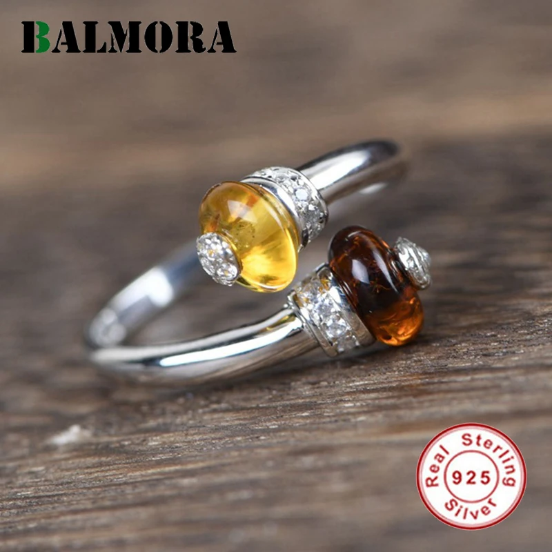 Original 100% 925 Sterling Silver Amber Beads Ring For Women Adjustable Open Rin - £26.69 GBP