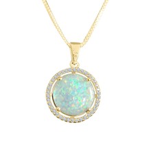 14K Yellow Gold GP 1Ct Round Fire Opal &amp; Sim Diamond Pendant Necklace With Chain - £164.53 GBP