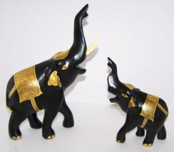 x2 Elephant Pair Miniature Fiquirine Cow &amp; Calf Black with Gold Leaf Orn... - £11.95 GBP