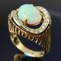 18k Yellow Gold Over Fire Opal &amp; Diamond Modernist Cocktail Party Ring 3.20Ct - £96.55 GBP