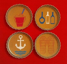 NEW Set of 4 Bottle Cap Top Coasters Metal &amp; Cork Sand Beach Flip Flop A... - £18.50 GBP