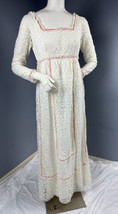 Vtg 1960s Ivory Lace Empire Waist Romantic Maxi Dress Coral Trim Sz 13-14 - £102.98 GBP