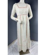 Vtg 1960s Ivory Lace Empire Waist Romantic Maxi Dress Coral Trim Sz 13-14 - £100.85 GBP