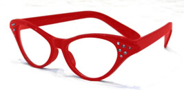 1950&#39;s Red Cat Eye Glasses w/RHINESTONES Clear Lenses Costume Accessory - £6.95 GBP