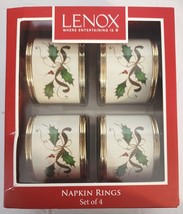 Lenox Holiday Napkin Rings Holly and Berry Pattern with Gold Trim Set of 4 NEW - £19.50 GBP