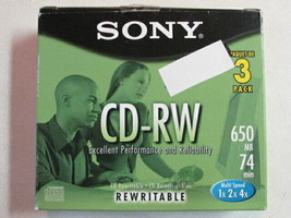Used Sony CD-RW3 Pack Rewritable Multi Speed 1X 2X 4X 650MB 74 Min 3CDRW650L - $5.93