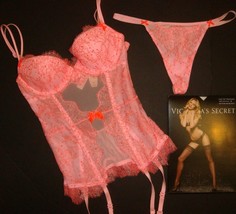 NWT Victoria&#39;s Secret 32B,32C GARTER SLIP/CORSET+THONG PINK orange cryst... - $49.49+