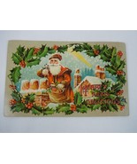 Embossed Hearty Xmas Greetings Santa with Bag of Toys, Holly and Berry P... - $14.84