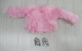 Barbie doll&#39;s pink fur furry jacket coat silver heels shoes - £8.14 GBP