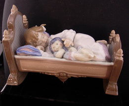 lladro baby cradle statue - little girl and doll figurine - signed - girls birth - £234.95 GBP