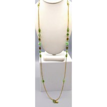 Vintage Double Strand Delicate Chain Necklace, Gold Tone with Green Art Glass - £30.25 GBP