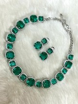 Bollywood Style Silver Plated Green CZ Choker Necklace Earrings Jewelry Set - £76.39 GBP