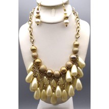 Vintage Classy Messy Bib Necklace and Married Pearl Drop Earrings, Gold Tone Bea - £48.70 GBP