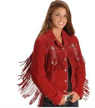 New Women&#39;s Red Scully Fringed Suede Stylish Leather Jacket 2019 - $170.99