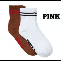 Victoria&#39;s Secret PINK Quarter Socks 2-Pack Optic White&amp; Carmel BNWT OS ... - £10.46 GBP
