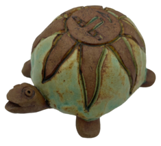 Turtle Ceramic Figurine Sculpture Sun Pattern Shell Brown Aqua Folk Art 5&quot; - $24.00
