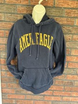 American Eagle Hoodie XS Blue Long Sleeve Yellow Logo Front Pocket Jersey - £13.47 GBP
