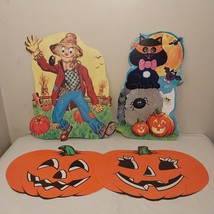 4 Vintage Paper Die Cut Halloween Decorations - Scarecrow, Pumpkins &amp; Black Cat - £21.00 GBP