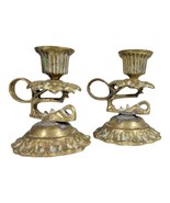 Set Of 2 Brass Scalloped Victorian Nightstand Candle Holder Handle Ribbe... - $93.11 CAD