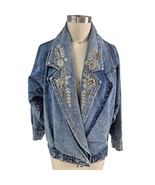 Vtg 80s 90s Pretty Bleu Metallic Gold Embroidery Double Breasted Denim J... - $88.11
