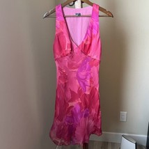 MUSE Boston Proper Women&#39;s Dress Midi Silk Pink Floral Beaded V-Neck Cocktail 10 - £39.46 GBP