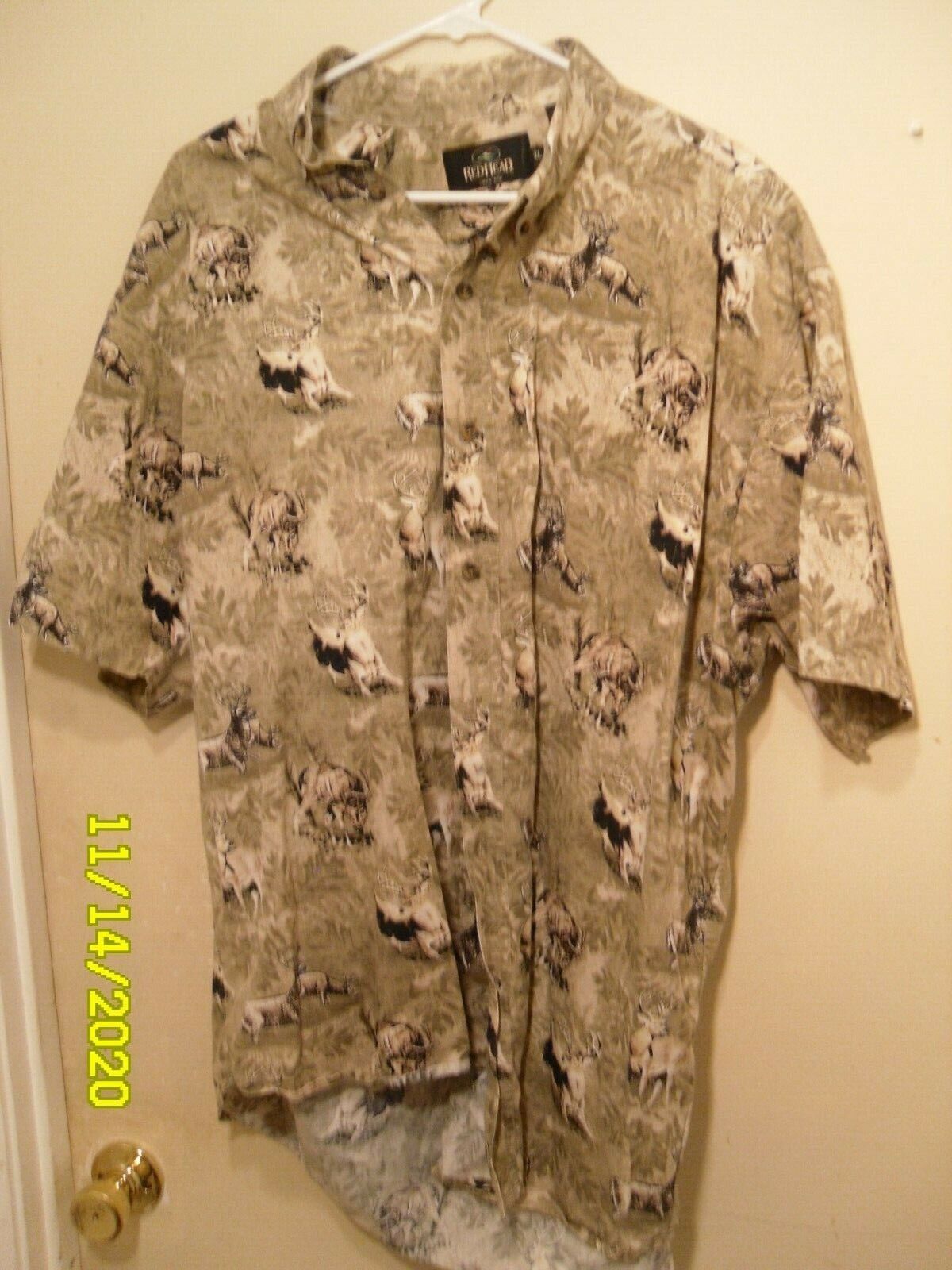 Redhead Mens Shirt Brown Deer Pattern Camouflage Short Sleeve Button Dow... - $6.84