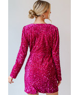 Pitaya Pink Velvet Sequin Long Sleeve V Neck Wrapped Mini Dress - $44.01