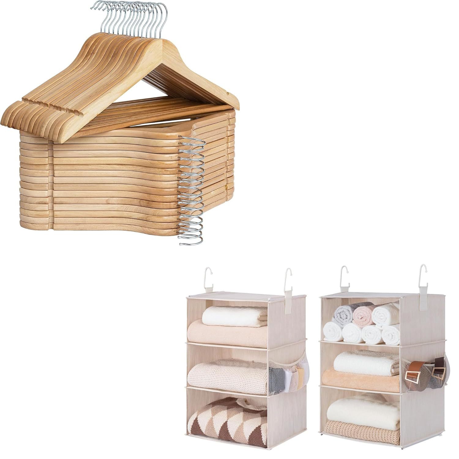 Wood Clothes Hangers 30 Pack With Two 3-Shelf Separable Closet Hanging Shelves