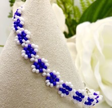Purple White Beaded Bracelet Silver Heart Clasp Cross Charm Crystal Charm NEW - $15.68