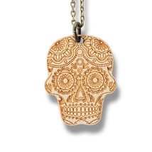 Necklace - Sugar Skull - Snake and Cable Link chains - Birch wood (Gold ... - $21.55