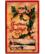 Holly Framed Winter Scene Red Border Christmas Greetings 1919 DB Postcar... - $126.20 MXN