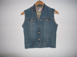 Women&#39;s Old Navy Blue Denim Jean Vest Jacket Size XS moto collar - $9.89