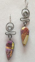 Twist Earrings Copper Silver Purple Mosaic Polymer Handmade Artisan Hook Pierced - £39.05 GBP