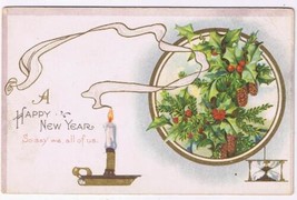 Holiday Postcard Embossed Happy New Year Candle Pine Cones Mistletoe - £2.36 GBP