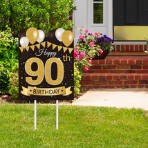 Large Happy 90Th Birthday Party Yard Sign Black Gold 90 Birthday Yard Signs with - £13.26 GBP
