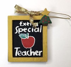 Extra Special Teacher Christmas Tree Ornament Chalkboard Apple Yellow Frame - £8.79 GBP