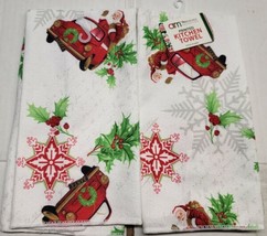 2 Same Kitchen Microfiber Towels (15&quot; X 25&quot;) Snowflakes &amp; Santa In Red Car Home - £17.71 GBP