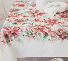 Fabric Tablecloth 60x104&quot;Oblong,CHRISTMAS Flowers,Poinsettia Garden &amp; Berries,Bm - £23.72 GBP
