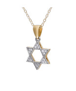 14К White and Yellow Gold Star of David Necklace with 18 Diamonds Judaica Gift - $485.00