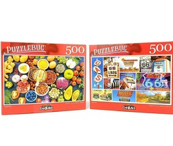 Lot of 2 Puzzle Bug 500 Piece Jigsaw Puzzles - Route 66 &amp; Superfoods Col... - $14.59